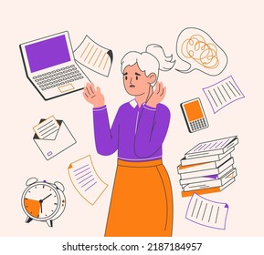 Stressed anxiety person, deadline office business character. Chaotic office workflow, deadline and tasks overloaded human flat outline vector illustration. Work deadline scene