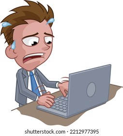 A stressed anxious businessman man or office worker in as suit using a laptop computer cartoon