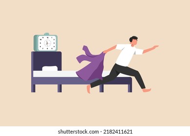 Stressed anxious businessman rushes and runs to his office, he wakes up late. Late concept. Colored flat Vector Illustration.