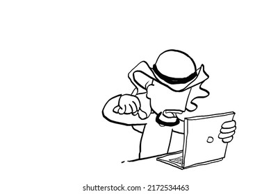 Stressed arab man try to punch his laptop. Hand drawn vector illustration design