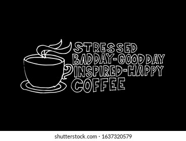 Stressed. Bad Day. Good Day. Inspired. Happy. Coffee. Quote coffee cup typography. Graphic design lifestyle lettering.