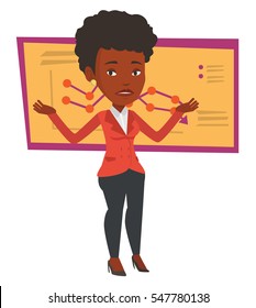 Bancruptura estressada em pé no fundo de gráfico decrescente. Mulher de negócios falida com braços estendidos. Conceito de falência empresarial. Ilustração de design plano vetorial isolada sobre fundo branco.