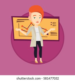 Stressed bankrupt standing on the background of decreasing chart. Caucasian bankrupt with spread arms. Business bankruptcy concept. Vector flat design illustration in the circle isolated on background