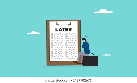 stressed because a lot of work has piled up, delaying work or wasting time, Stressful businessman complete work that has piled up because they are wasting time concept vector illustration