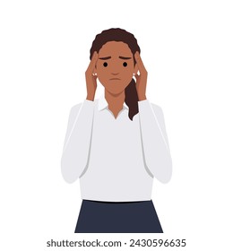 Stressed black desperate frustrated young woman or girl covering head with hands. Negative emotions headache or migraine and bad news illustration.Flat vector