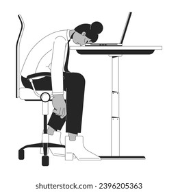 Stressed black employee putting head down on desk black and white 2D line cartoon character. African american isolated vector outline person. Face down on table monochromatic flat spot illustration