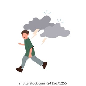 Stressed boy child cartoon character afraid of thunderstorm running away from lightning bolt