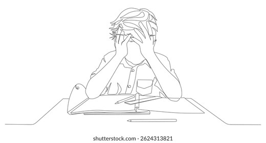 Menino Estressado Fazendo Lição de Casa - Um Desenho de Linha de Frustração Escolar e Pressão de Estudo