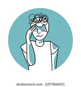 Stressed boy with emotion of anxiety, facial expression with gestures. Stressful mood teenager with white hair, expressing his worry feelings. Green vector circle icon.