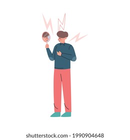 Stressed Boy Looking at Mirror with Lightnings over his Head Cartoon Vector Illustration