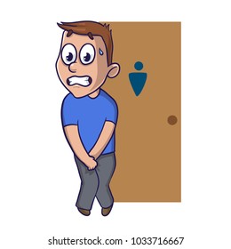 Stressed boy wanting to pee stands in front of a WC door. Isolated cartoon illustration on white backgroud. Cartoon vector image.