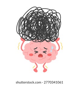 Stressed brain character with tangled scribble cloud. Represents anxiety, mental overload, headache and emotional pressure. Mental health concept. Cute cartoon flat vector illustration