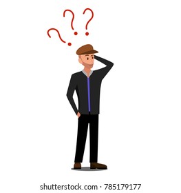 Stressed brown-haired guy has many questions in white bubble on dark turquoise background. Flat illustration of thinking person