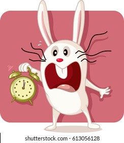 Stressed Bunny with Alarm Clock Vector - Drawing of a cute rabbit in a hurry for Easter
