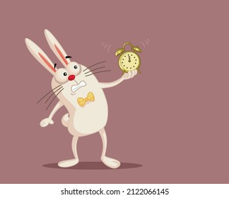 
Stressed Bunny Holding an Alarm Clock Vector Cartoon Illustration. Scared Easter rabbit in need to meet the deadline until the holiday
