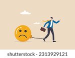Stressed burden, anxiety or negative thinking, anger or emotional causing problem, mental health or depression, overworked or overwhelmed concept, depressed businessman chain with sad face burden.