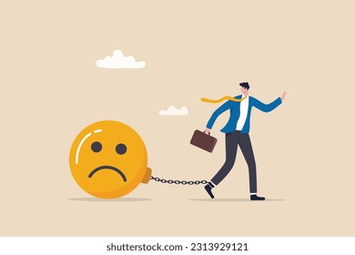 Stressed burden, anxiety or negative thinking, anger or emotional causing problem, mental health or depression, overworked or overwhelmed concept, depressed businessman chain with sad face burden.