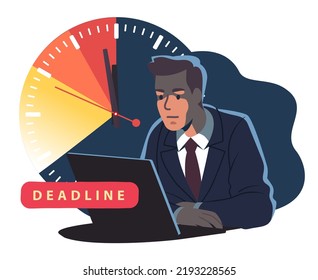 Empleado empresario estresado trabajando tarde en una laptop. Trabajador cansado trabajando de más con medianoche a punto. Estrés de cuenta atrás en la fecha límite, restricción de tiempo, ilustración vectorial plana de concepto de sobrecarga