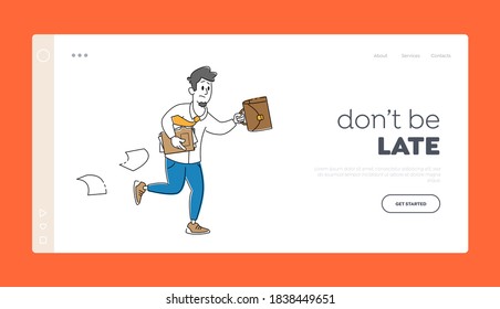 Stressed Business Man Late Landing Page Template. Businessman Male Character Hurry at Work Running with Briefcase and Scattered Paper Documents around, City Lifestyle. Linear Vector Illustration