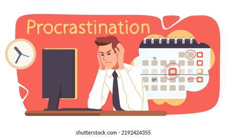 Stressed business man procrastinating working late in office. Tired frustrated businessman worker person sitting at desk with computer. Procrastination, deadline crisis flat vector illustration