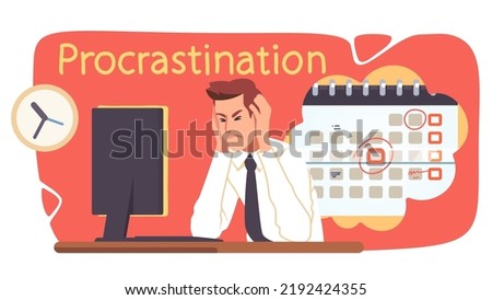 Stressed business man procrastinating working late in office. Tired frustrated businessman worker person sitting at desk with computer. Procrastination, deadline crisis flat vector illustration
