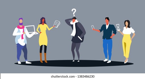 stressed business man surrounded by colleagues with gadgets and paper documents asking questions to frustrated businessman action plan concept sketch full length horizontal