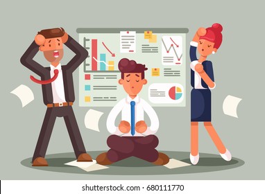 Stressed business people looking at a bad results chart. Business fail. Graph down vector flat illustration