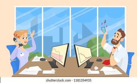 Stressed Business People Or Office Workers Sitting At The Desk And Looking At Falling Down Graph In Panic. Talking To Angry Customer On The Phone. Vector Illustration In Cartoon Style.