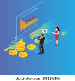 Stressed business people over stagflation economy isometric 3d vector concept for banner, website, illustration, landing page, flyer, etc.