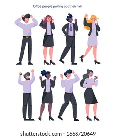 Stressed business people pulling out their own hair. Female and male character are shouting with anger. Deadline and stressful lifestyle concept. Vector illustration in cartoon style