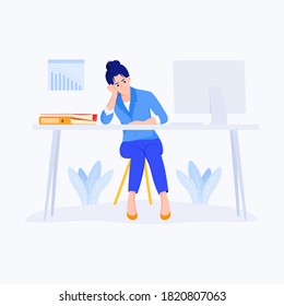 Stressed business woman character sitting at desk in office and holding hand on head.