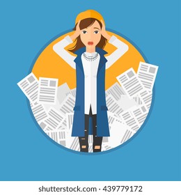 A stressed business woman clutching her head because of having a lot of work to do. Busy business woman with lots of papers. Vector flat design illustration in the circle isolated on background.