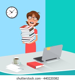 Stressed Business Woman with Documents in Office. Vector illustration