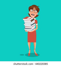 Stressed Business Woman with Documents in Office. Vector illustration