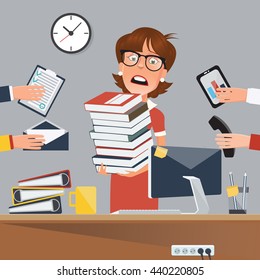 Stressed Business Woman with Documents in Office. Vector illustration