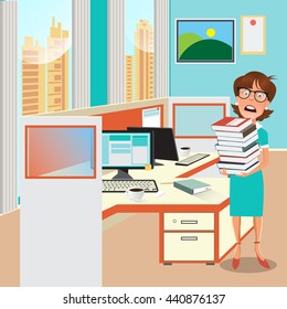 Stressed Business Woman with Documents in Office. Vector illustration