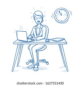 Stressed business woman, employee at her desk with laptop, in panic due to lack of time. Concept for too mich work, hurry or time pressure.  Hand drawn line art cartoon vector illustration