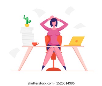 Stressed Business Woman Holding Head with Hands Sitting at Workplace with Documents Heap Loaded with Hard Work in Office. Deadline Stress and Time Management Concept. Cartoon Flat Vector Illustration