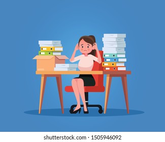 Stressed Business Woman in Office Work Place. Vector flat illustration