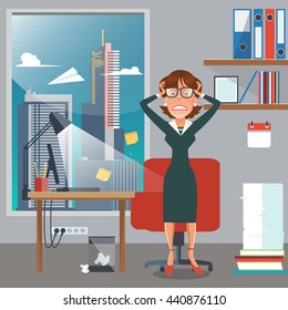 Stressed Business Woman in Office Work Place with Computer and Documents. Vector illustration