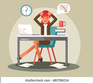 Stressed Business Woman in Office Work Place. Vector flat illustration