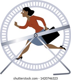 Stressed business woman running in a hamster wheel, EPS 8 vector illustration