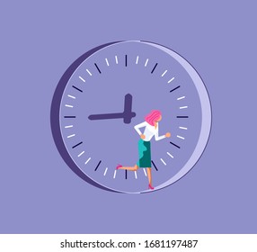 Stressed business woman running in a hamster wheel. Metaphor of time management or rat race. Isolated on purple. Flat Art Vector Illustration