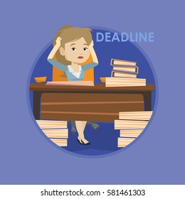 Stressed business woman sitting at workplace and clutching head because of missed deadline. Woman having problem with deadline. Vector flat design illustration in the circle isolated on background.