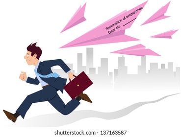 Stressed businessman with briefcase running from giant paper planes made of  termination of employment letters aka pink slips, vector illustration.