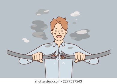 Stressed businessman with broken cable in hands. Distressed stunned male employee get electric shock from wire. Vector illustration. 