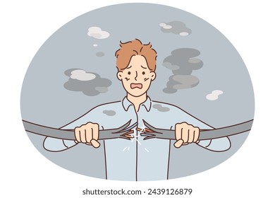 Stressed businessman with broken cable in hands. Distressed stunned male employee get electric shock from wire. Vector illustration.