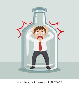 Stressed businessman captured inside bottle, vector illustration cartoon