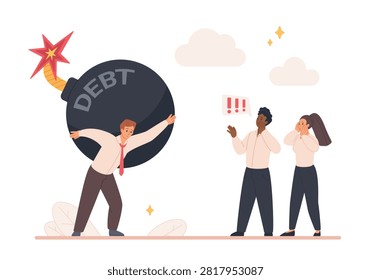 Stressed businessman carrying huge exploding debt bomb while shocked colleagues watch, concept of financial crisis, bankruptcy risk and money pressure isolated on white background vector illustration