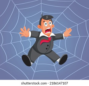 
Stressed Businessman Caught in a Spider Web Vector Cartoon Illustration. Scared business manager trapped in debt and bankruptcy financial problems 
